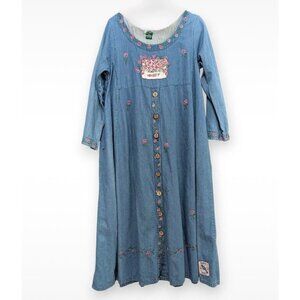 Papy Boez Blue Denim Grandma Core Embroidered Flowers Drop Waist Dress (M/L)